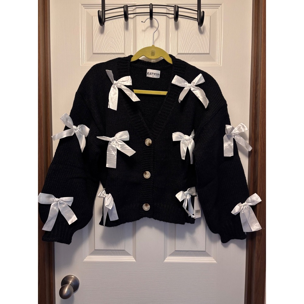 Katydid Women Black Knit Cardigan White Satin Bows Balloon Sleeve KDC-CRG-06 S